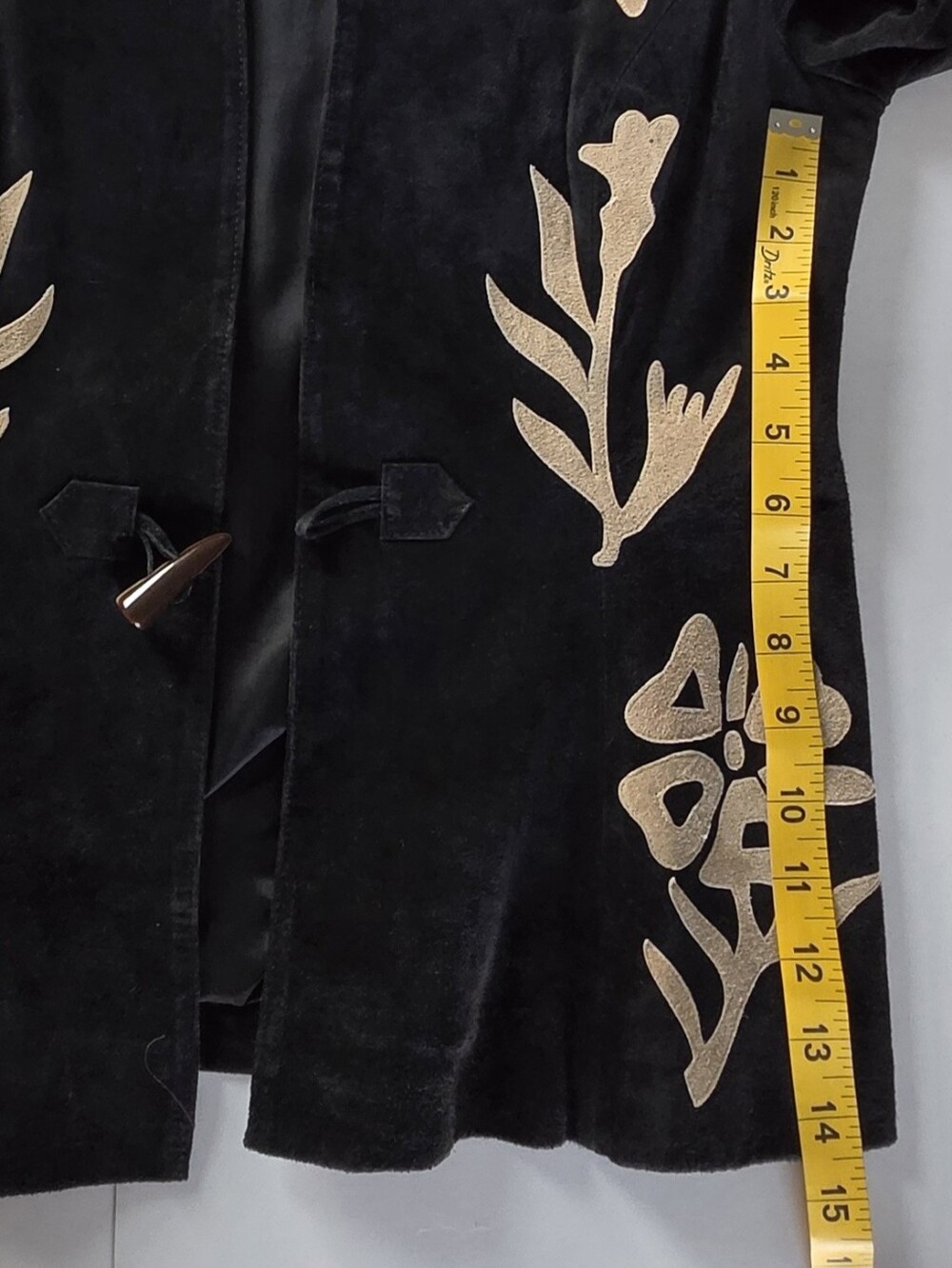 B&J Black Suede Floral Applique Jacket Autumn Outerwear Collarless Leather Coat - Picture 4 of 11